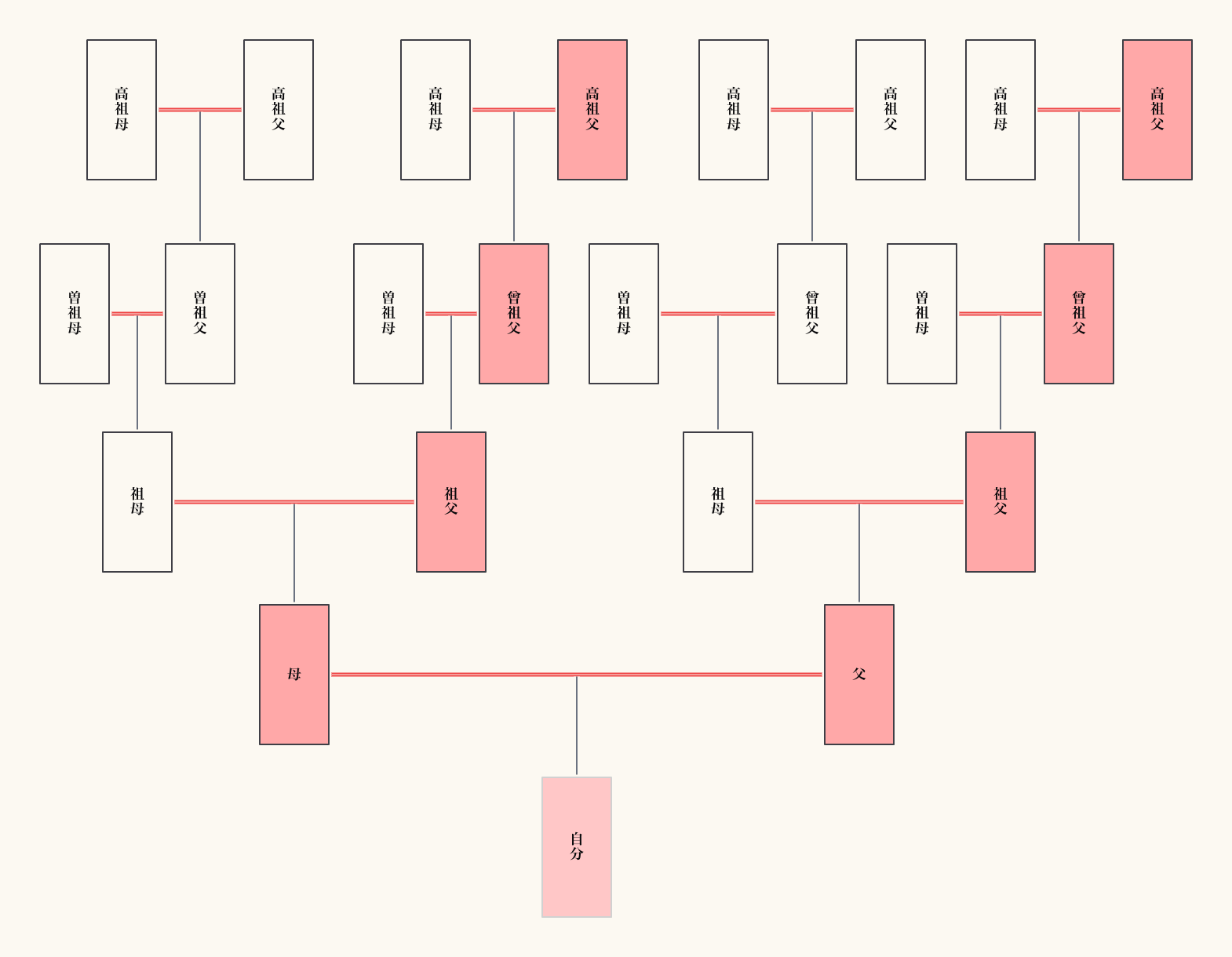 2系統： 父方＋母方（両親の旧姓）の辿る名字